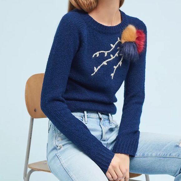 Anthropologie Sweaters - Anthropologie Sz M Embroidered Pom Sweater by Field Flower EUC